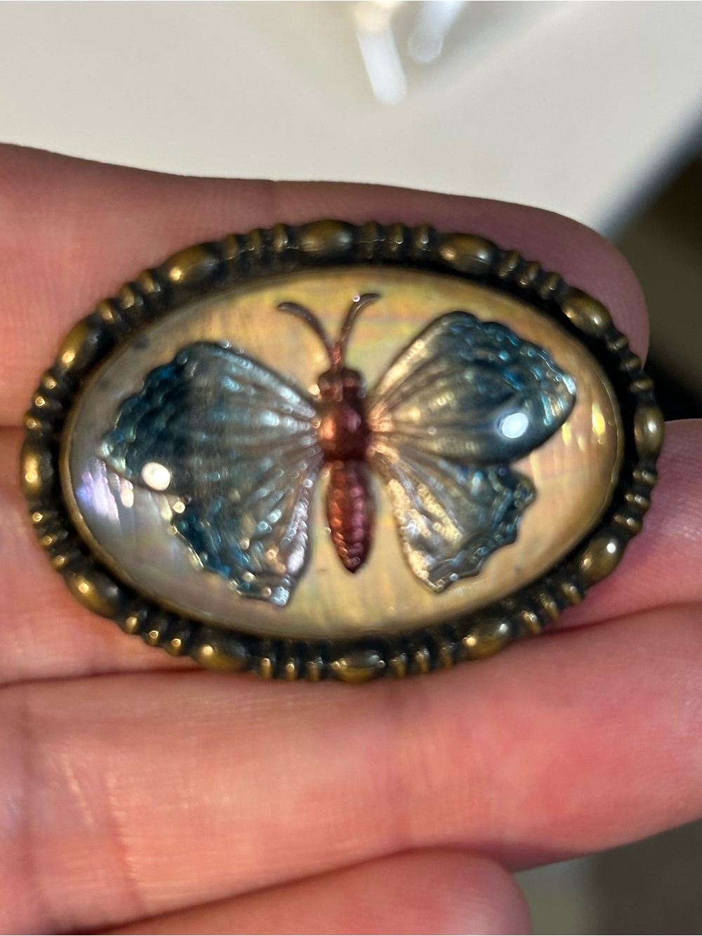 Antique Victorian Butterfly Goofus Glass Brooch Pin Iridescent Reverse Intaglio